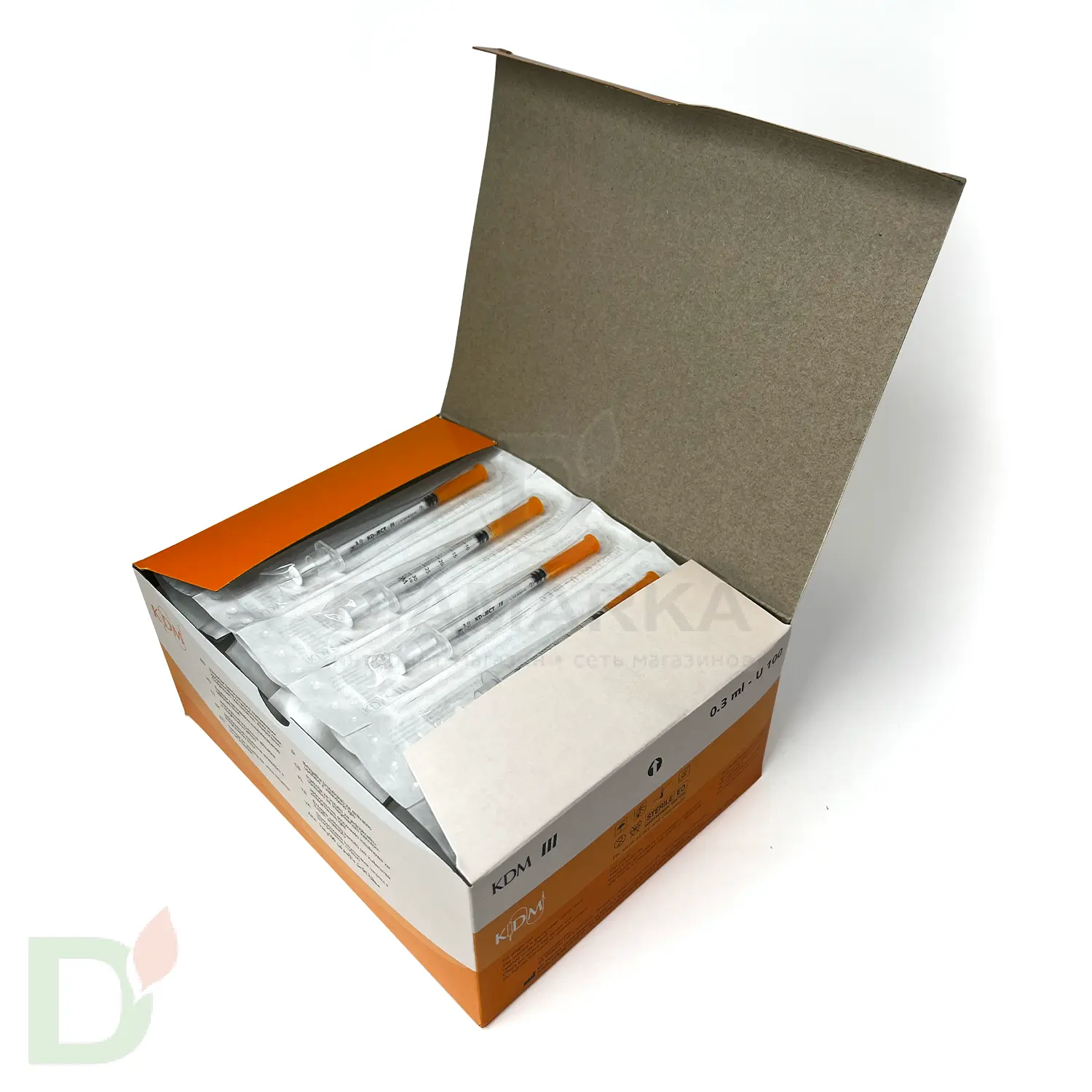 Шприцы инсулиновые KDM 100МЕ/0,3мл с иглой 30G (0.30мм*8мм), 10 шт.