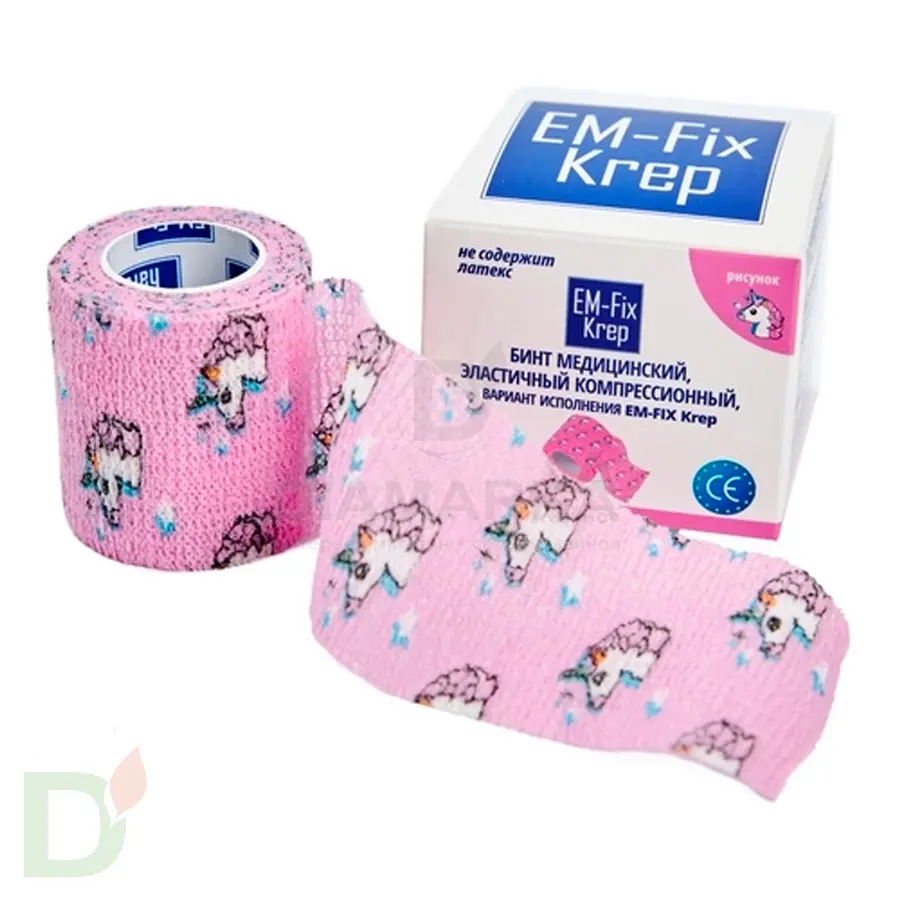 Бинт самофиксирующийся EM-Fix krep Розовый с единорогом, 5см*4,5м в Ставрополе